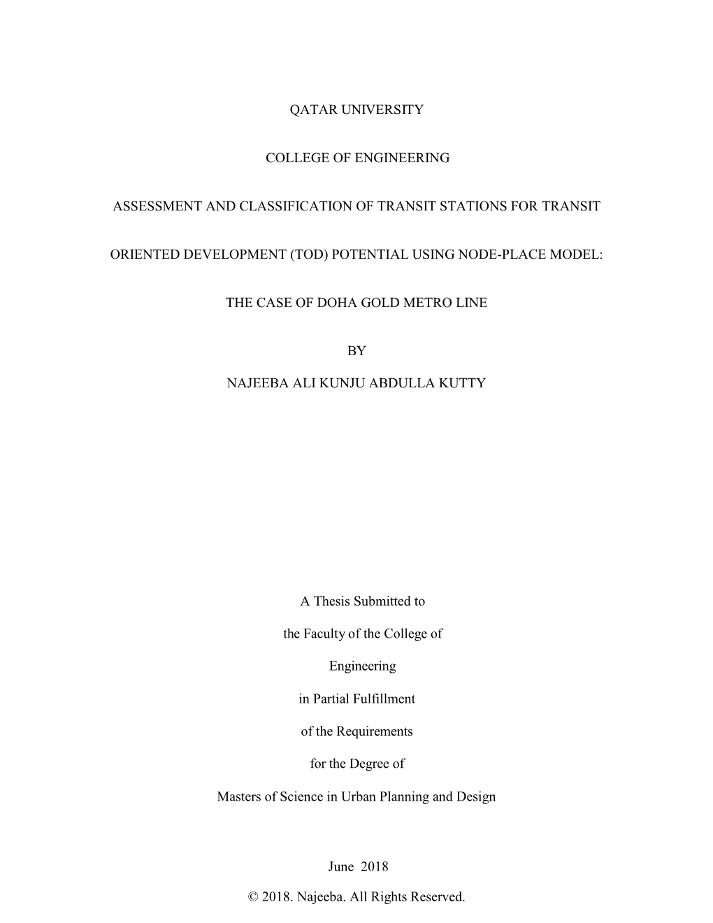 Qatar University College of Engineering Assessment and Classification of Transit Stations for Transit Oriented Development (Tod)