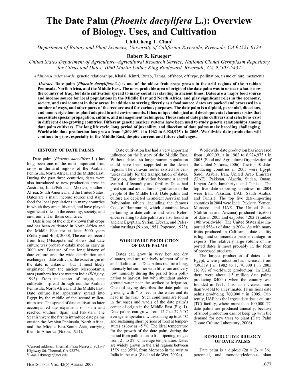 The Date Palm (Phoenix Dactylifera L.): Overview of Biology, Uses, and Cultivation Chihcheng T