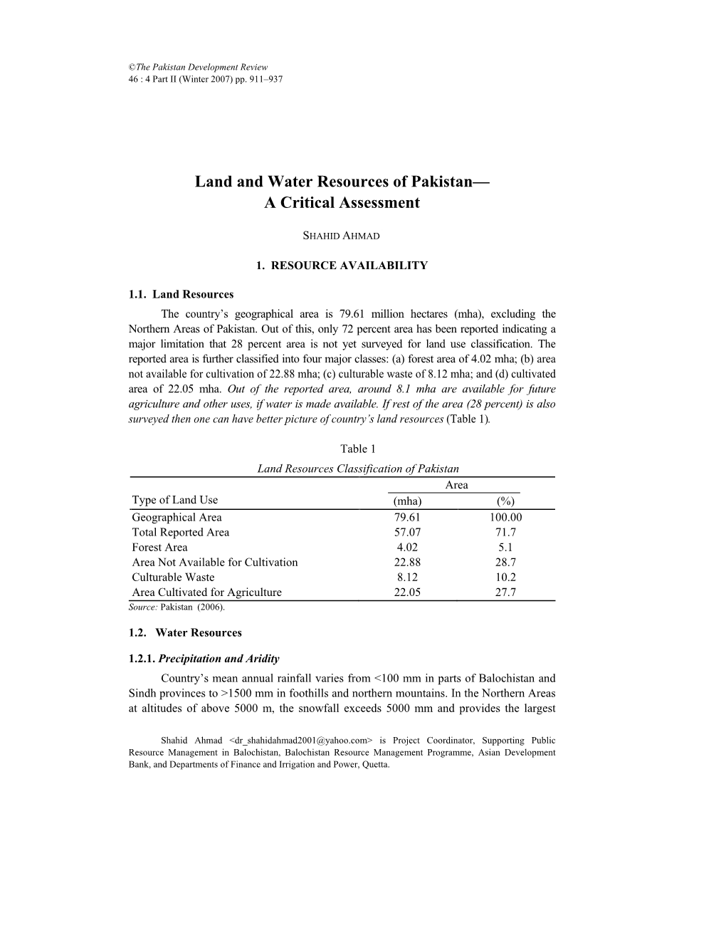 Land and Water Resources of Pakistan— a Critical Assessment