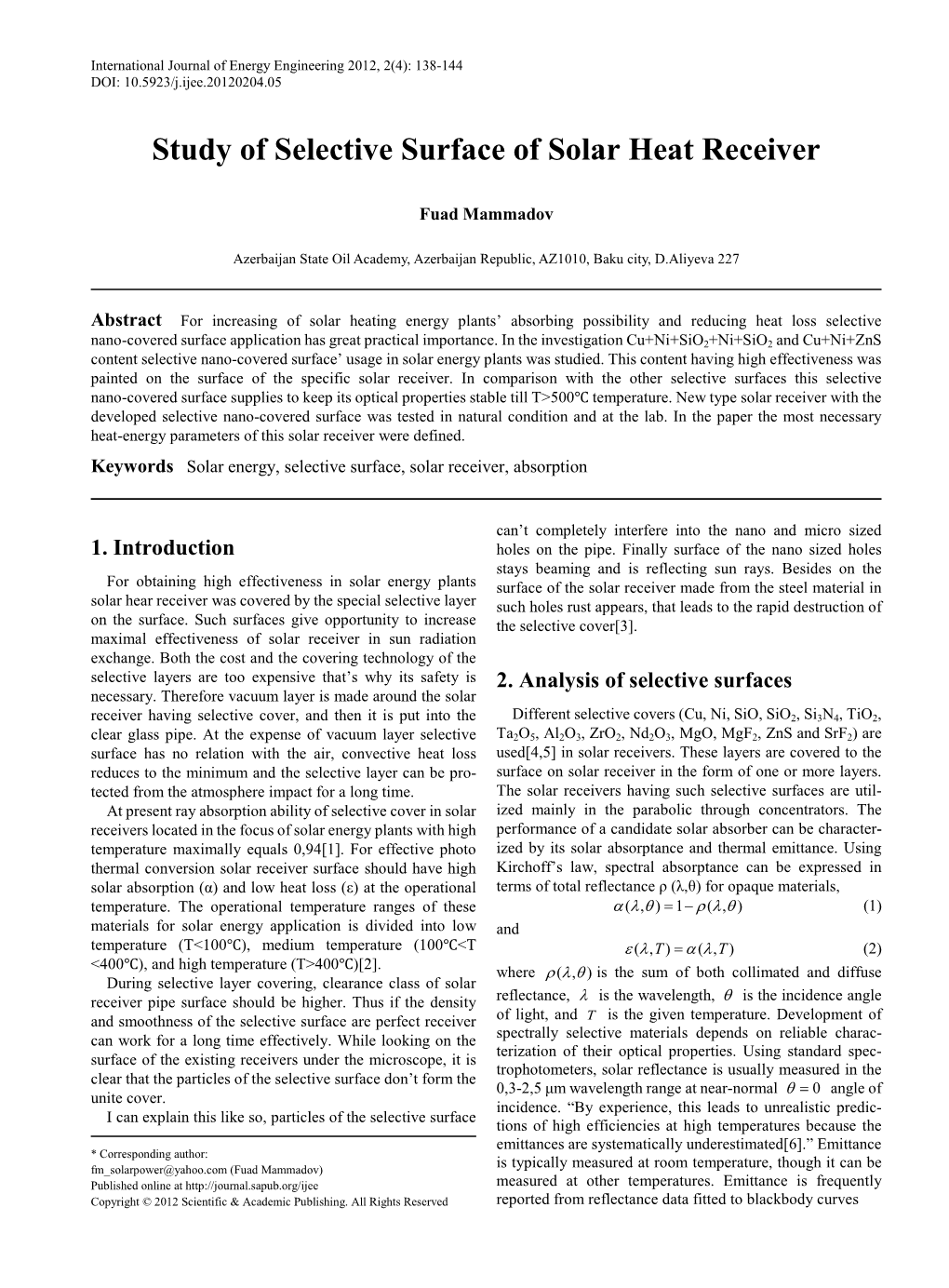 Study of Selective Surface of Solar Heat Receiver