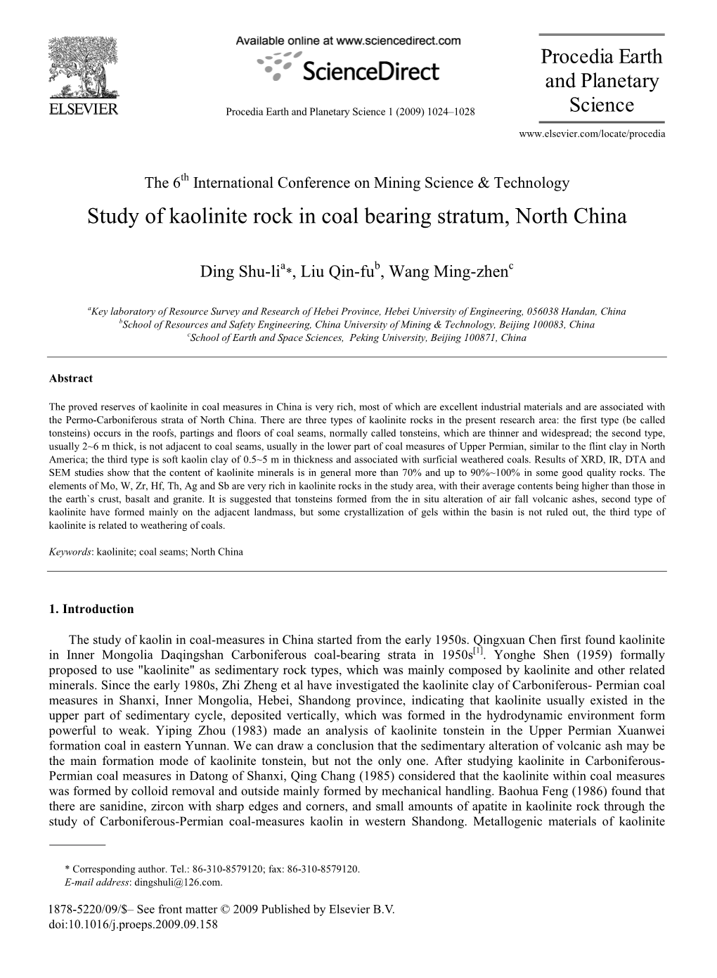 Study of Kaolinite Rock in Coal Bearing Stratum, North China