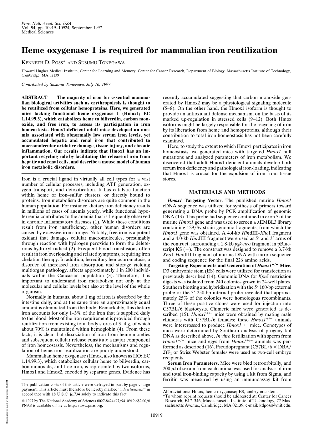 Heme Oxygenase 1 Is Required for Mammalian Iron Reutilization