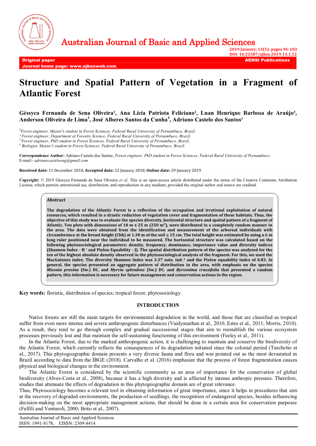 Structure and Spatial Pattern of Vegetation in a Fragment of Atlantic Forest