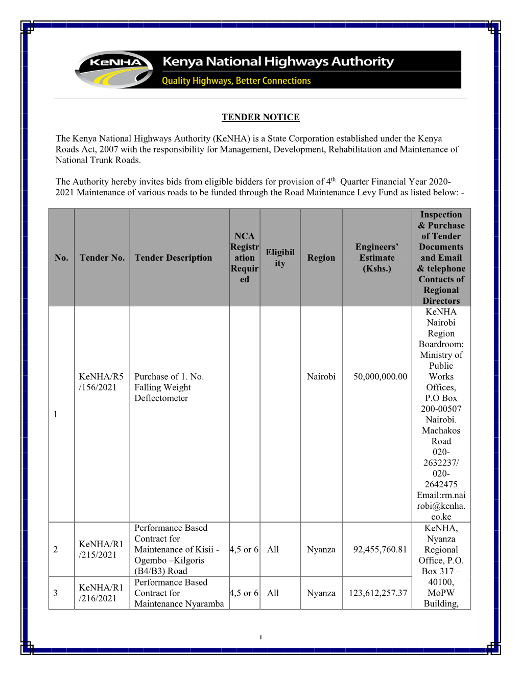 TENDER NOTICE the Kenya National Highways Authority