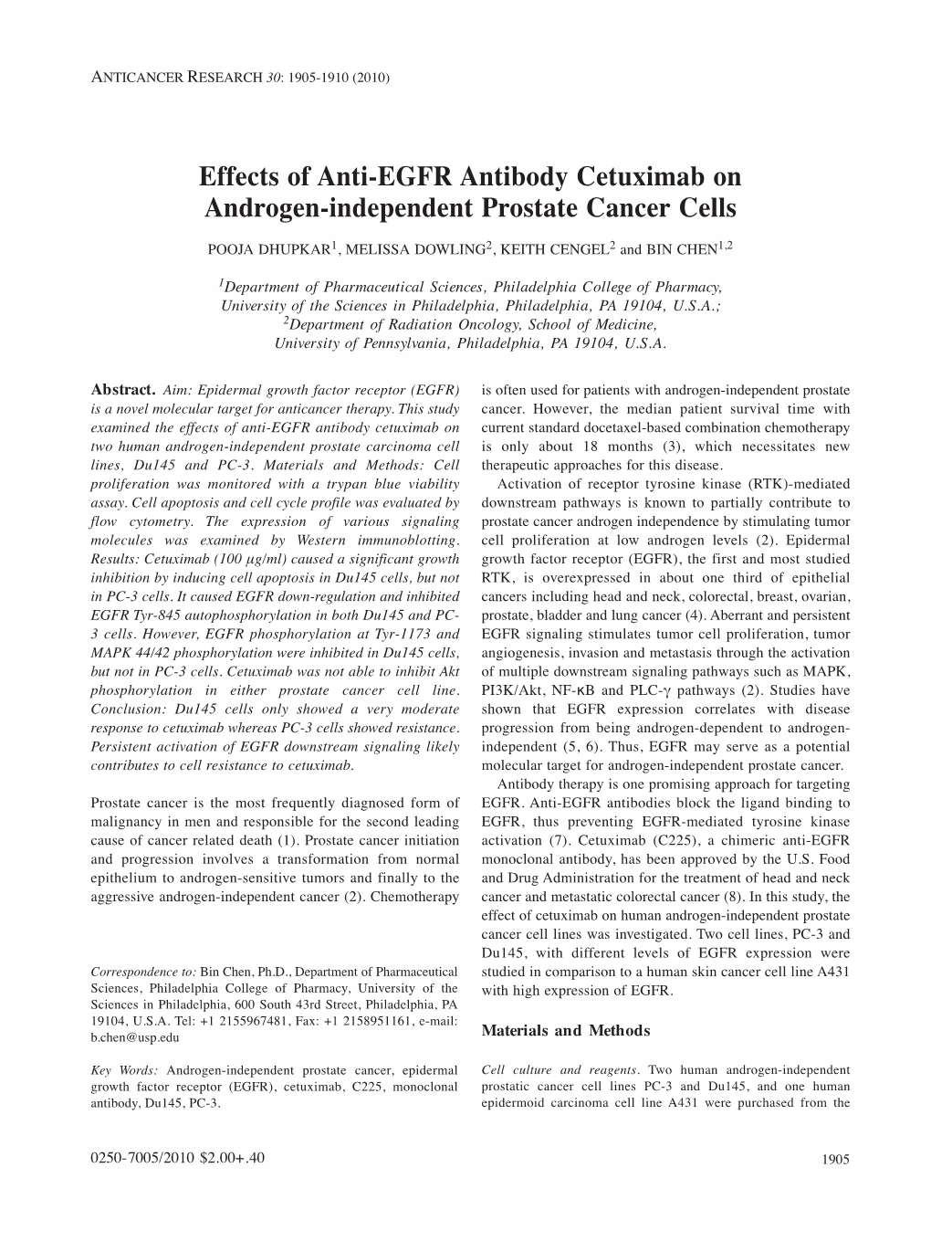 Effects of Anti-EGFR Antibody Cetuximab on Androgen-Independent Prostate Cancer Cells