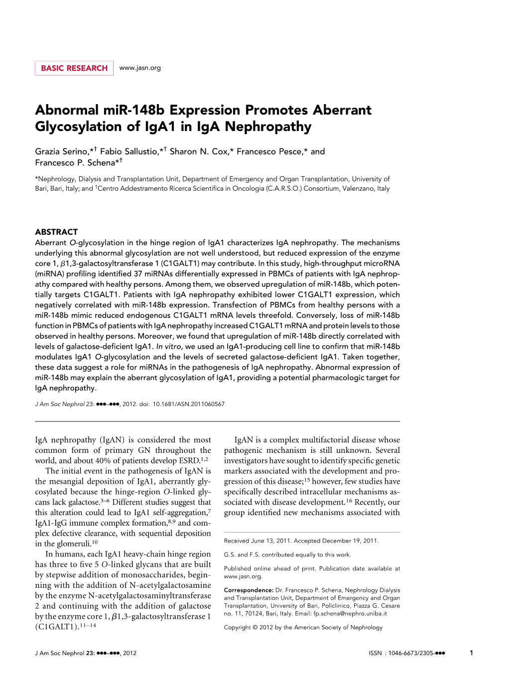 Abnormal Mir-148B Expression Promotes Aberrant Glycosylation of Iga1 in Iga Nephropathy