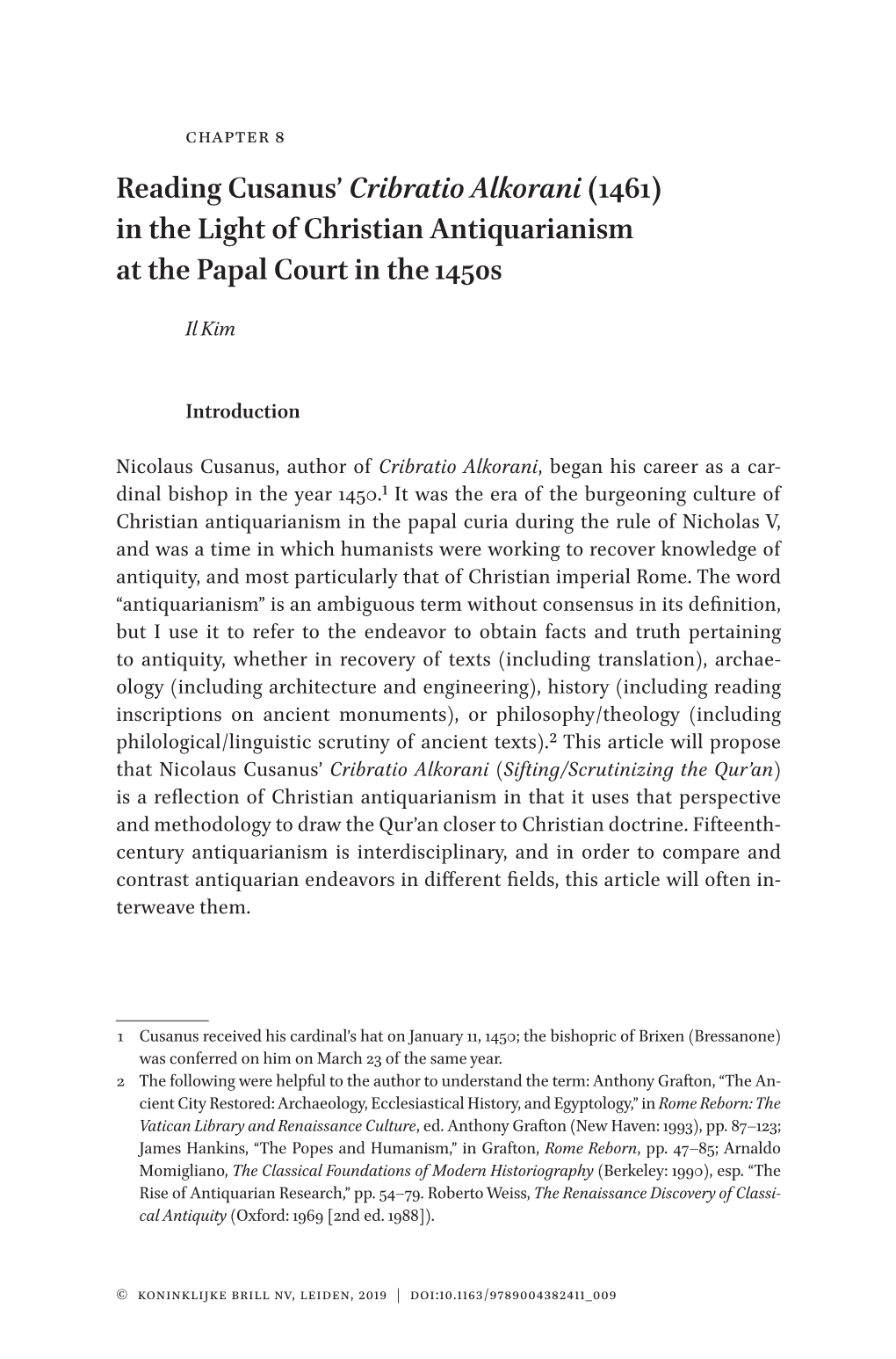 Reading Cusanus' Cribratio Alkorani (1461) in the Light of Christian Antiquarianism at the Papal Court in the 1450S