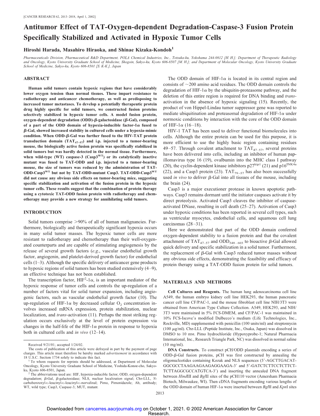 Antitumor Effect of TAT-Oxygen-Dependent Degradation-Caspase-3 Fusion Protein Specifically Stabilized and Activated in Hypoxic Tumor Cells