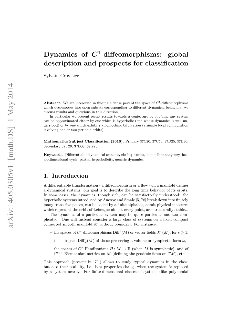 Dynamics of $ C^ 1$-Diffeomorphisms: Global Description and Prospects for Classification