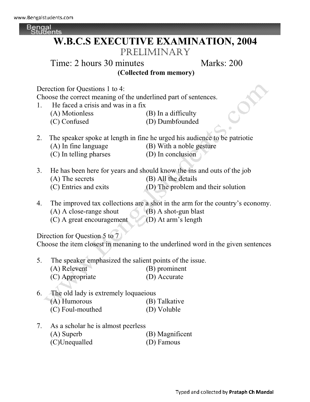 W.B.C.S Prelims 2004 (Eng Ver) Question Paper.Pdf