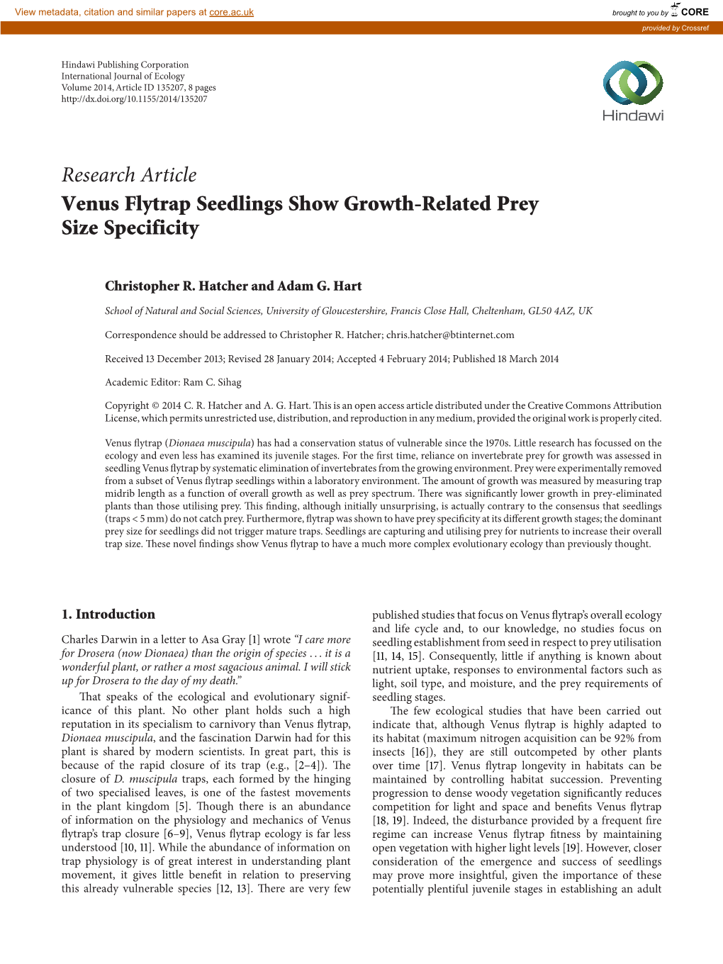 Research Article Venus Flytrap Seedlings Show Growth-Related Prey Size Specificity