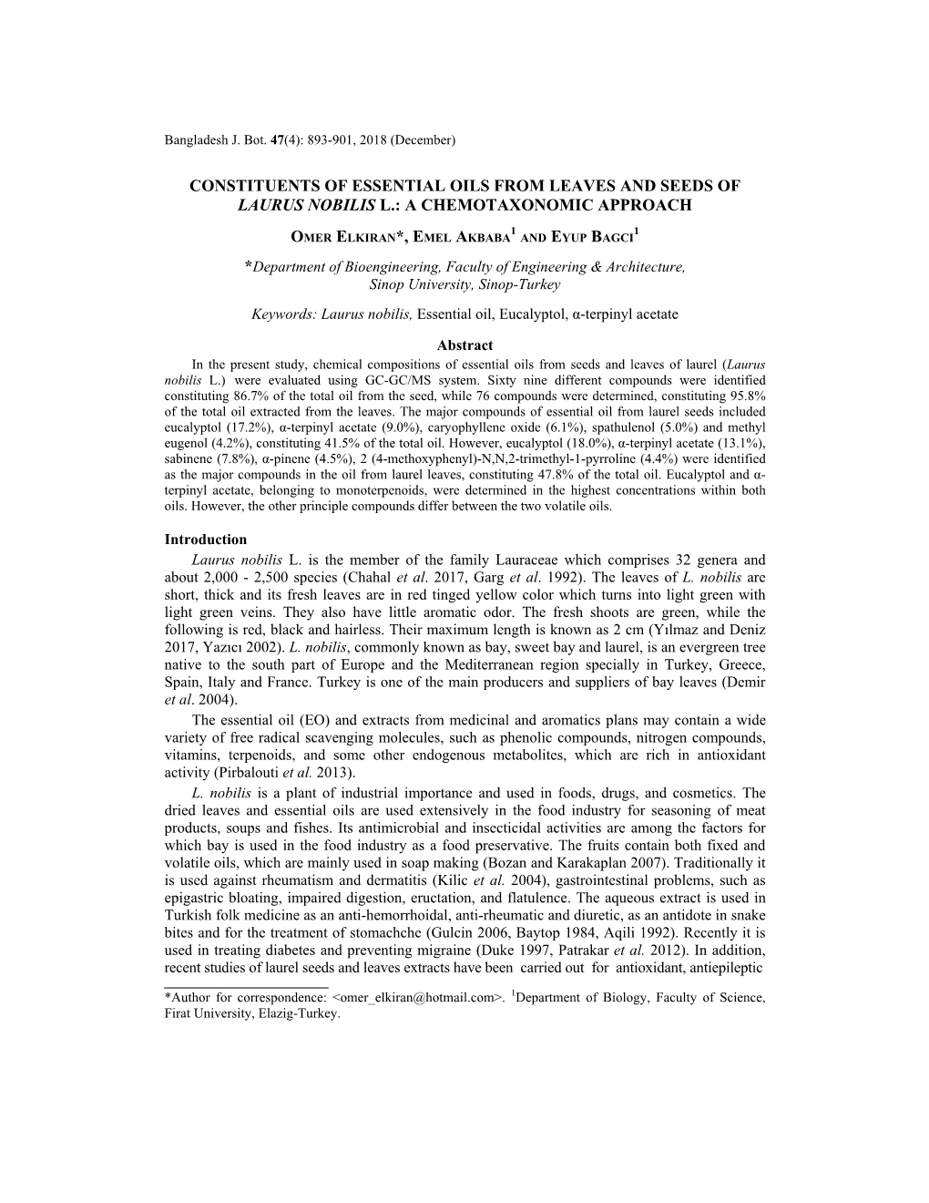 Constituents of Essential Oils from Leaves and Seeds of Laurus Nobilis L.: a Chemotaxonomic Approach