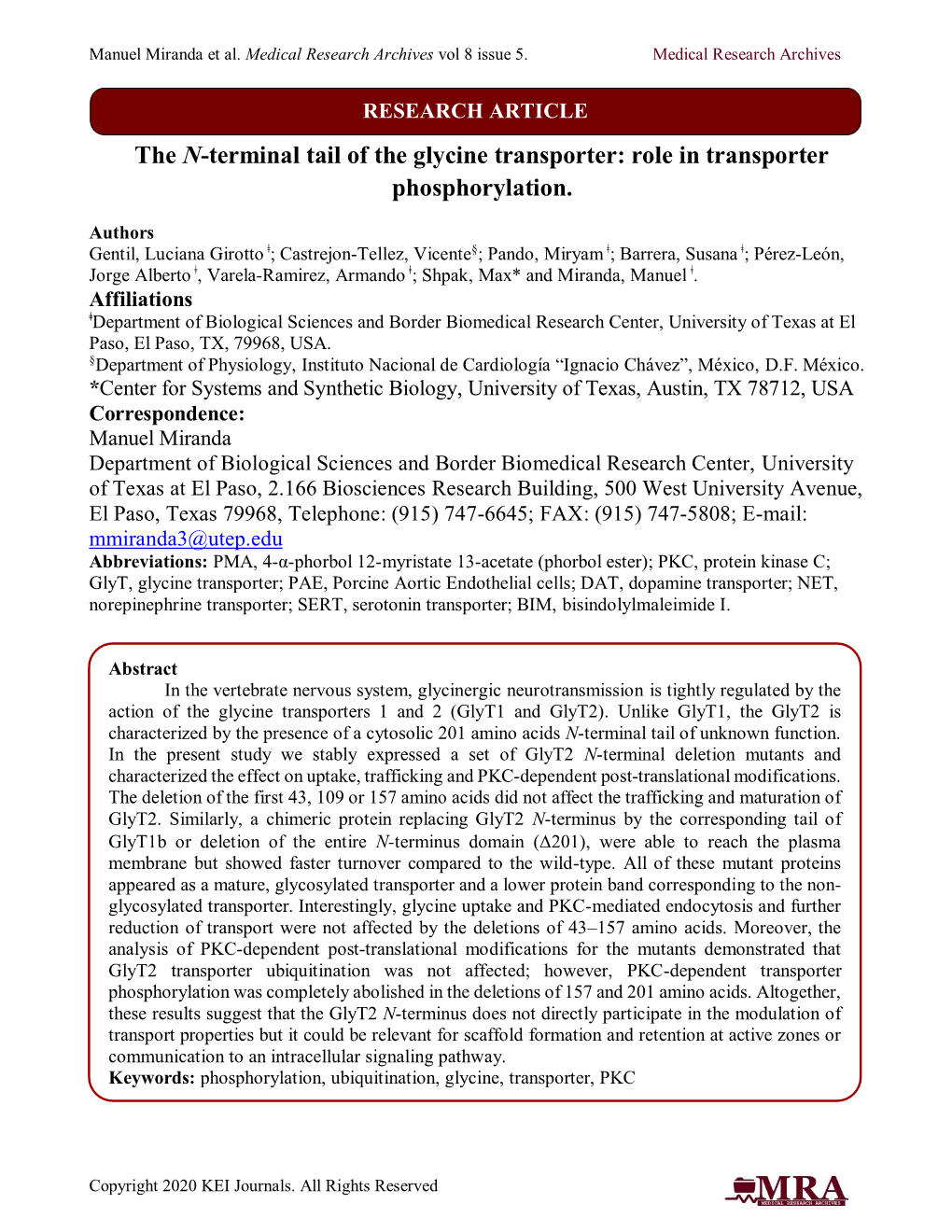 The N-Terminal Tail of the Glycine Transporter: Role in Transporter Phosphorylation