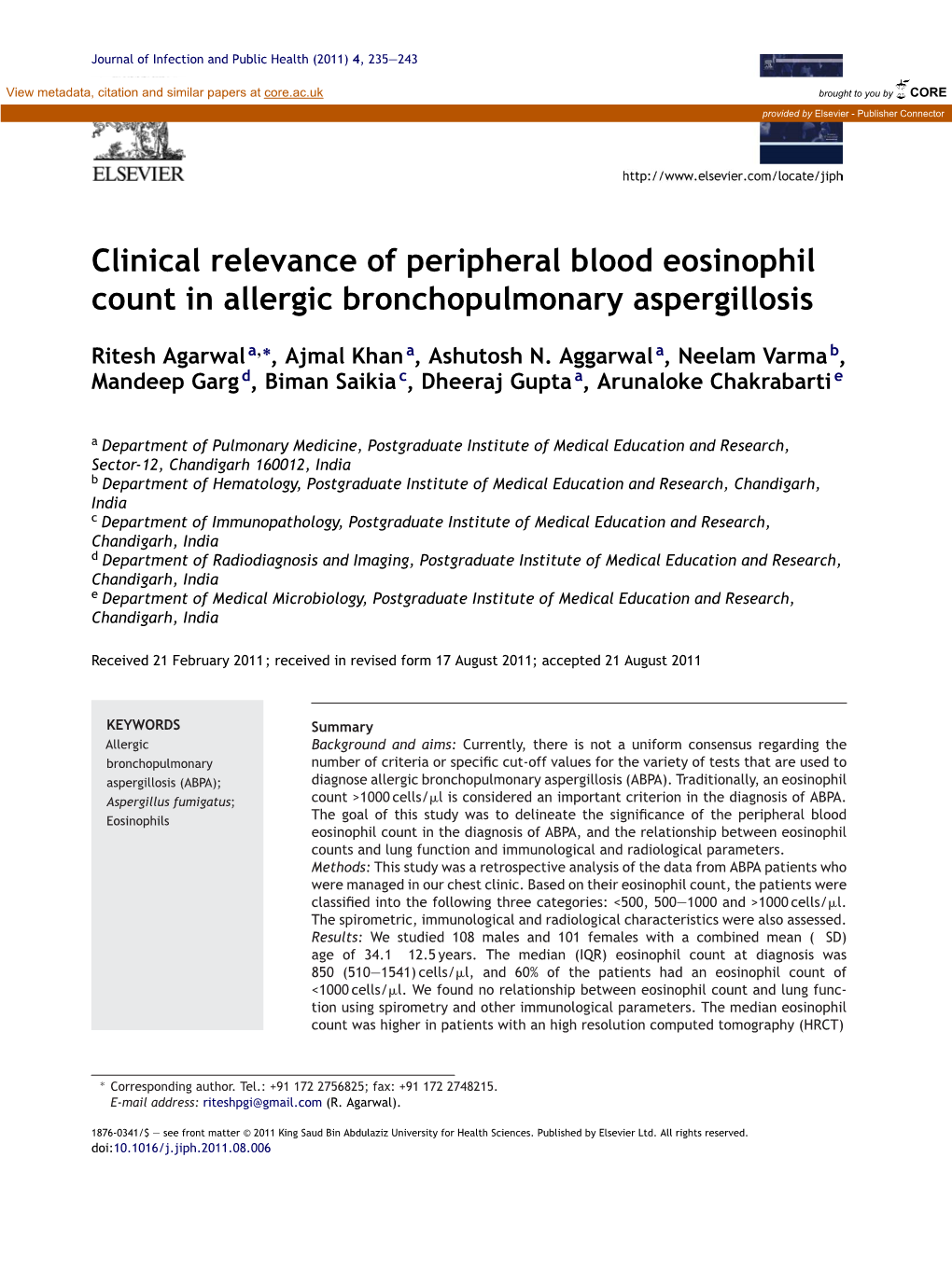 Clinical Relevance of Peripheral Blood Eosinophil Count in Allergic Bronchopulmonary Aspergillosis