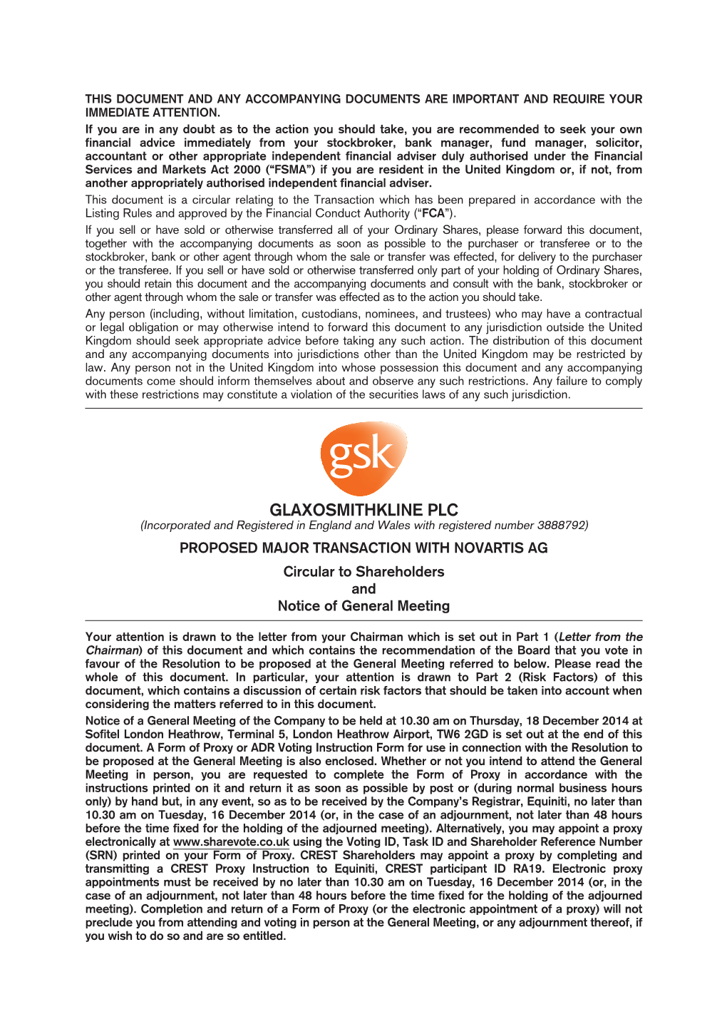 GSK/Novartis Shareholder Circular and Notice of Meeting