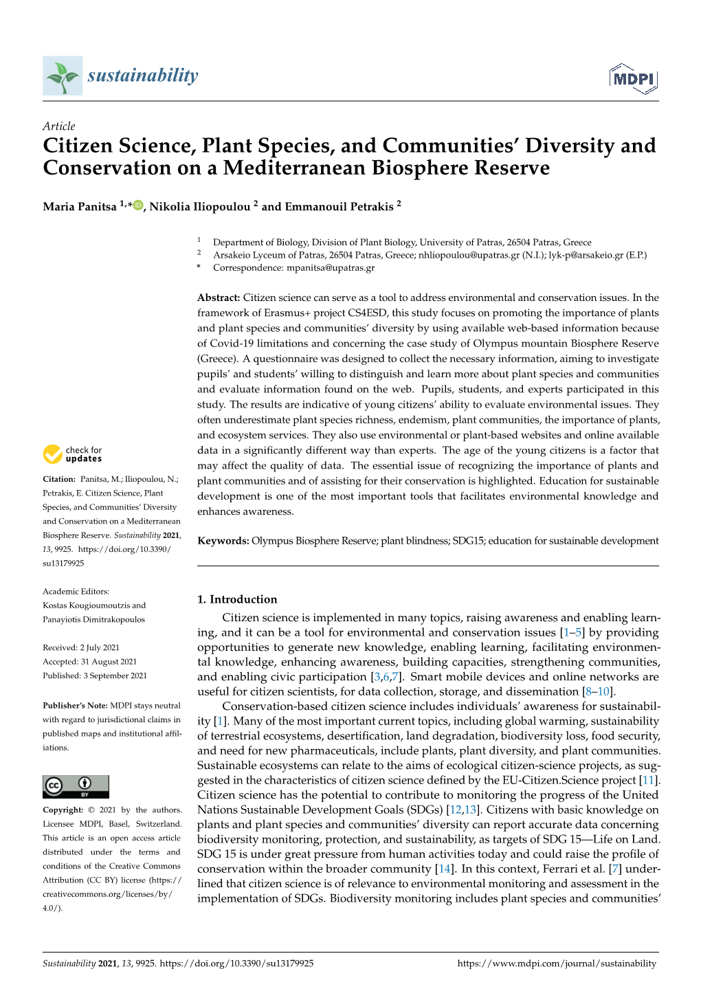 Citizen Science, Plant Species, and Communities' Diversity and Conservation on a Mediterranean Biosphere Reserve