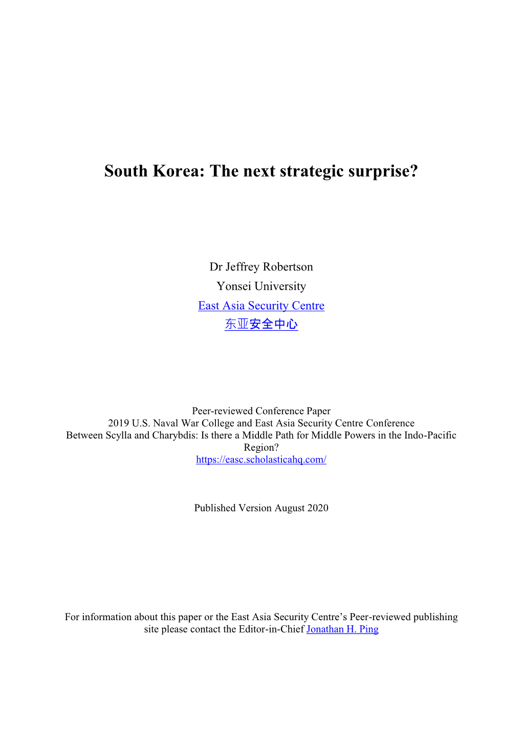 South Korea: the Next Strategic Surprise?