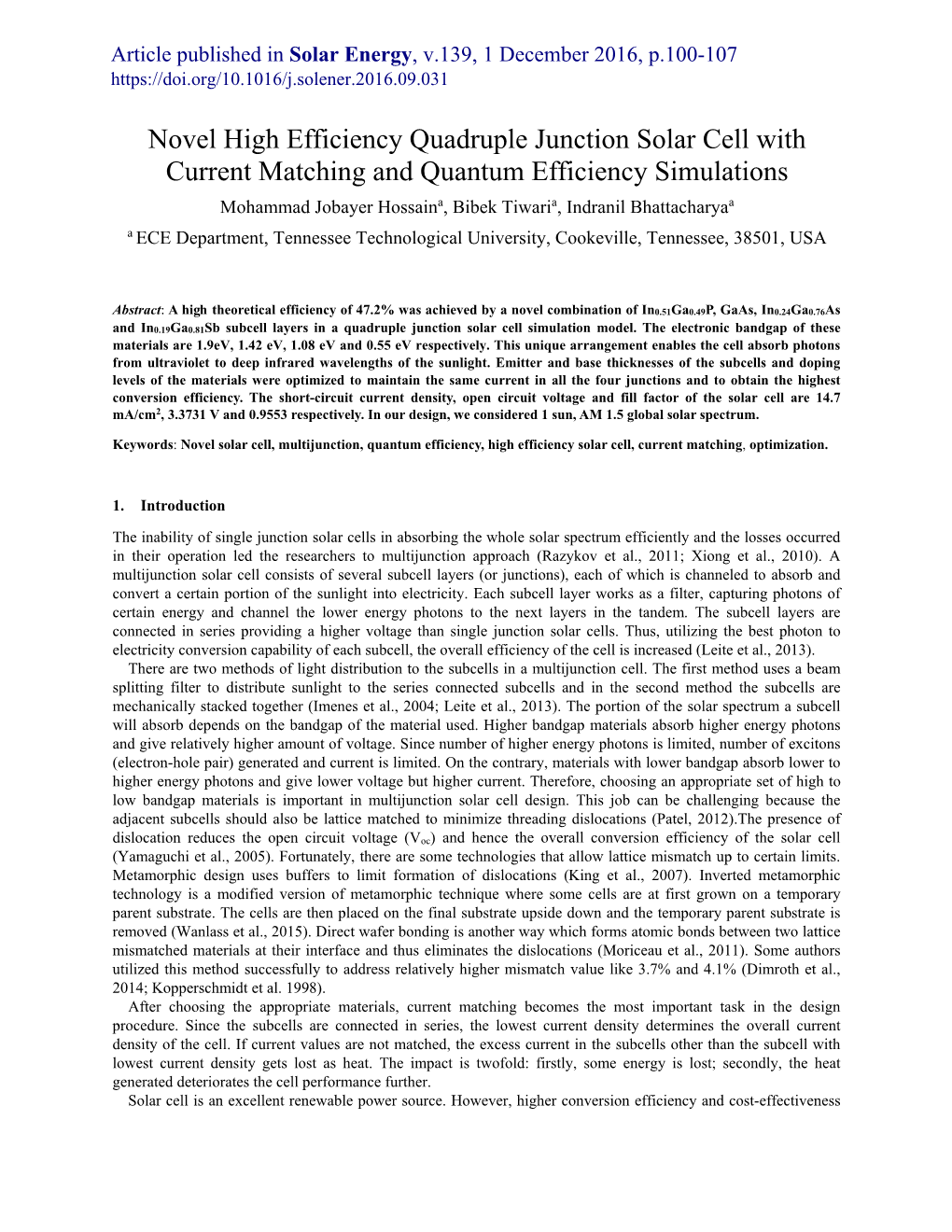 Novel High Efficiency Quadruple Junction Solar Cell with Current