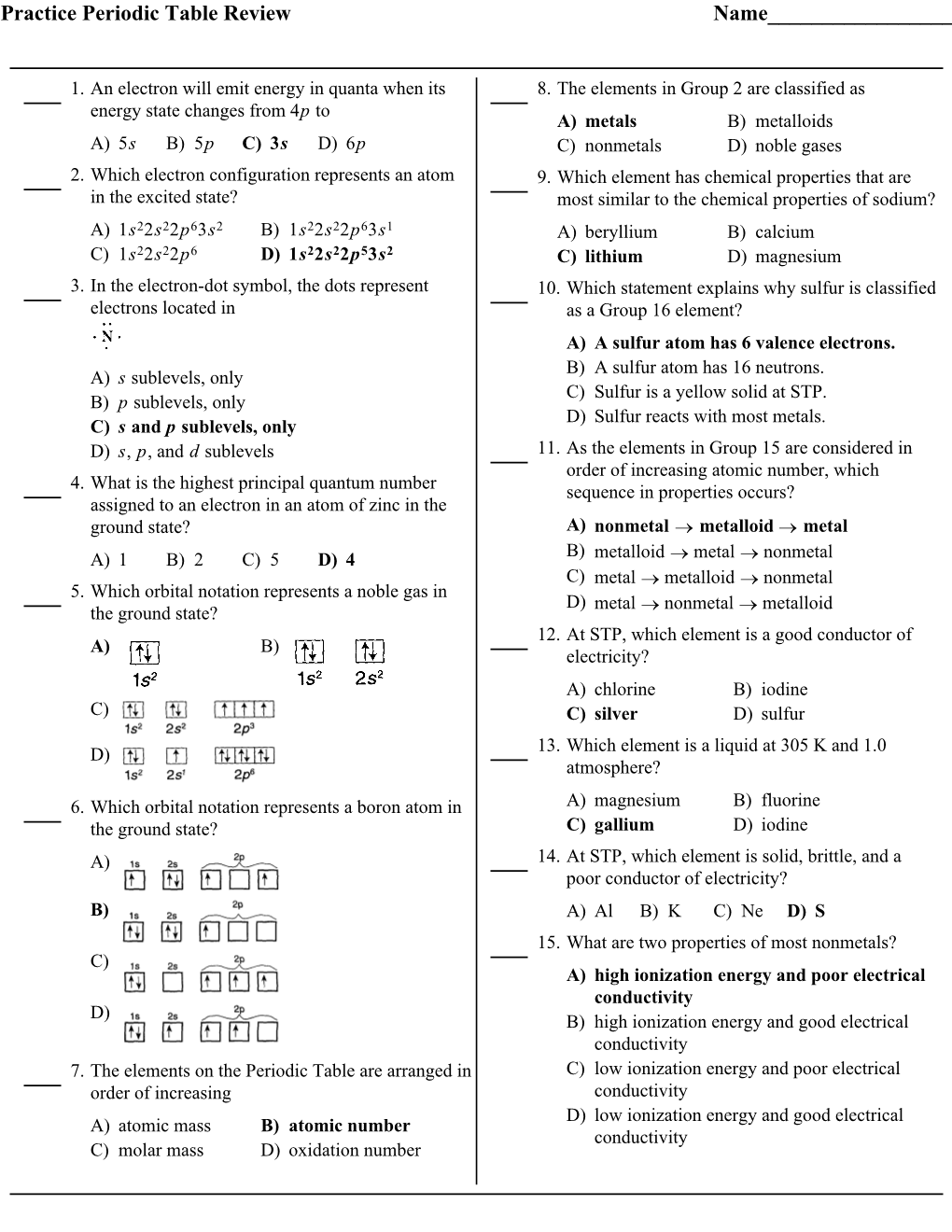 Practice Periodic Table Review Name______