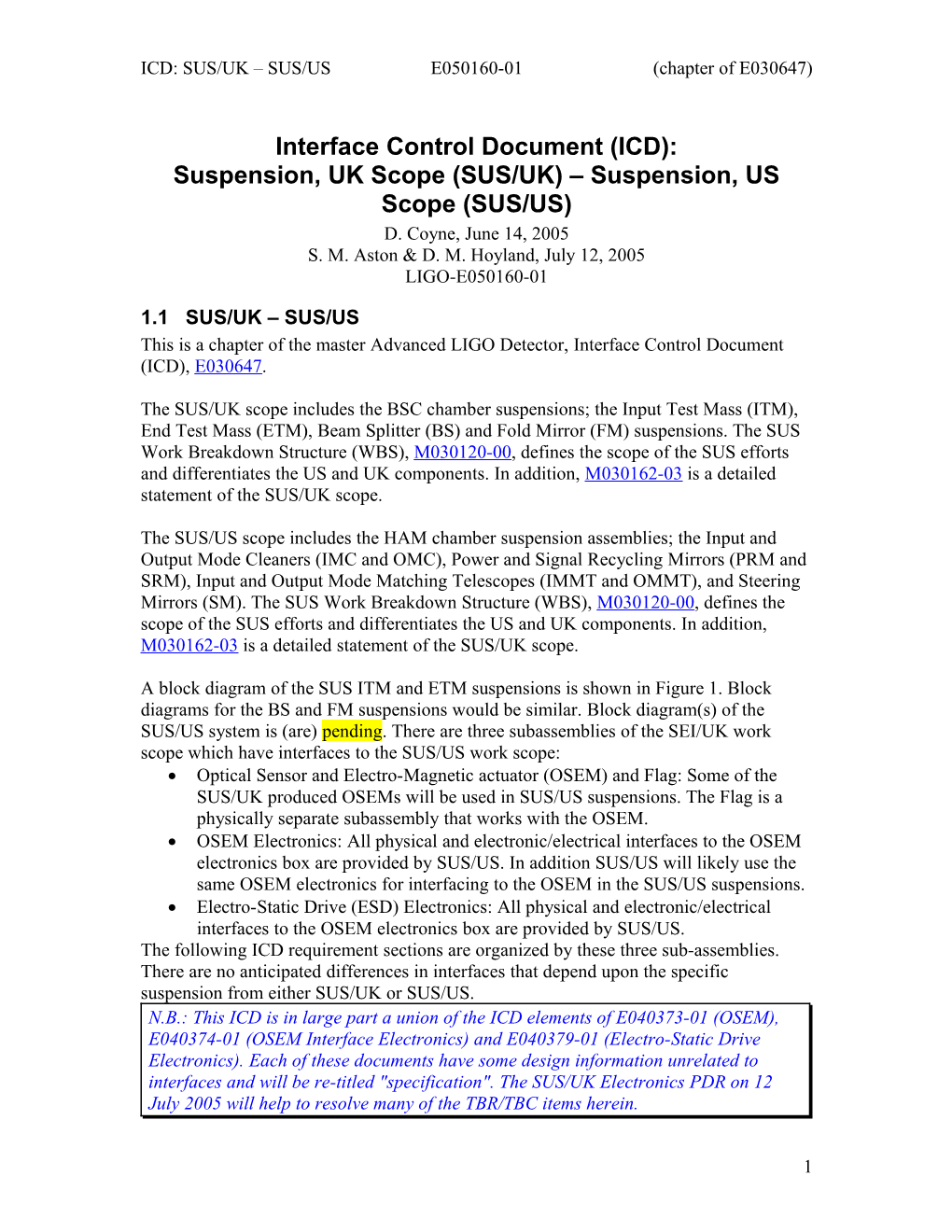 ICD: SUS/UK SUS/US E050160-01 (Chapter of E030647)