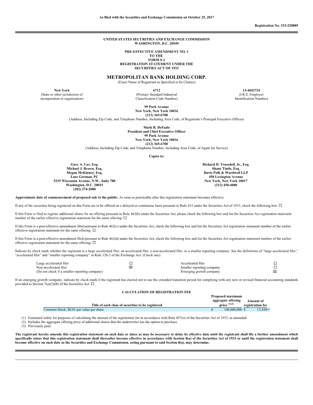 METROPOLITAN BANK HOLDING CORP. (Exact Name of Registrant As Specified in Its Charter)