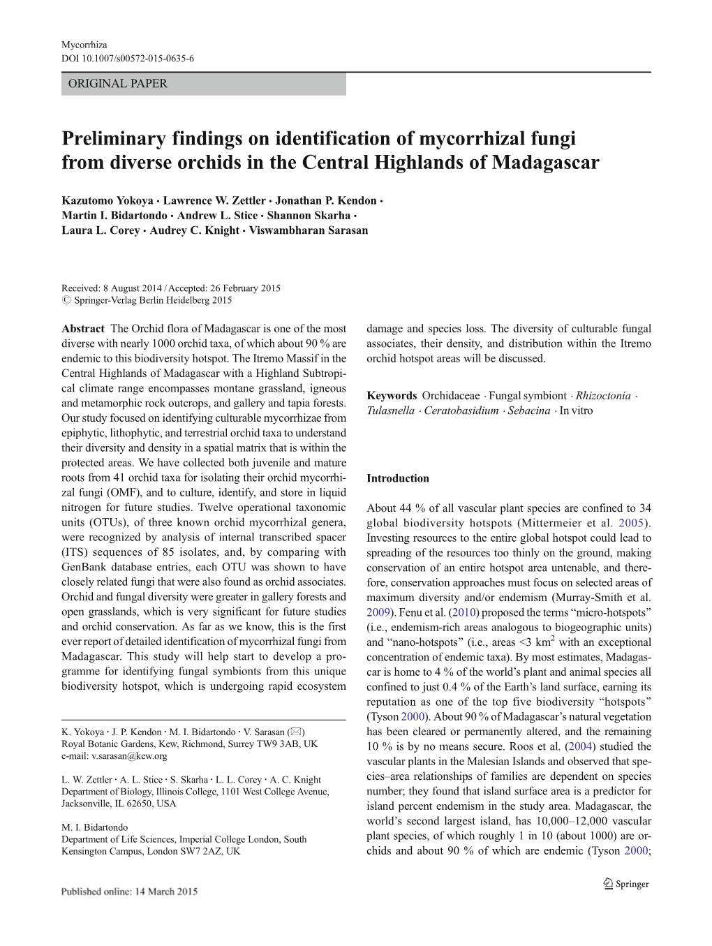 Preliminary Findings on Identification of Mycorrhizal Fungi from Diverse Orchids in the Central Highlands of Madagascar