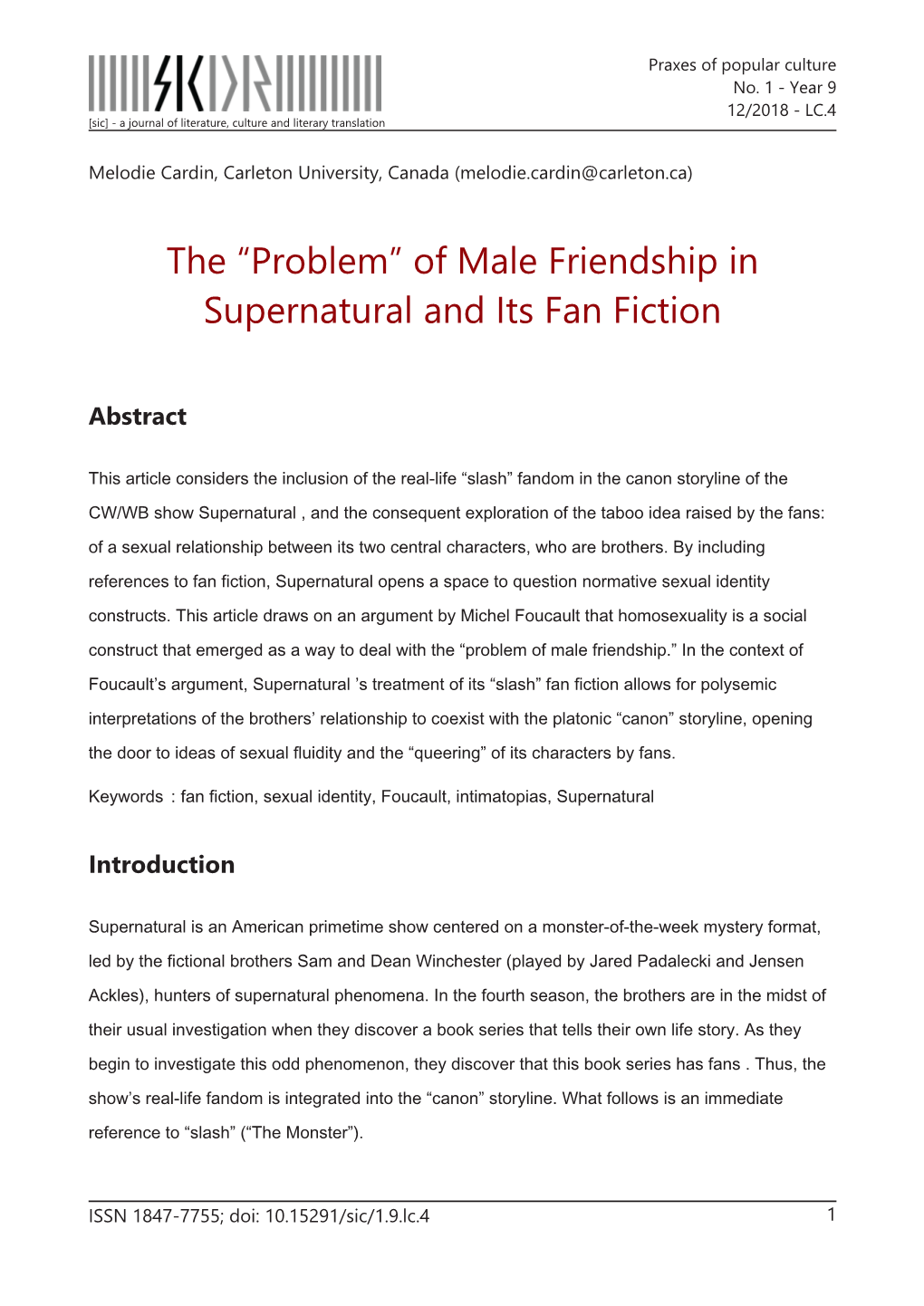 The “Problem” of Male Friendship in Supernatural and Its Fan Fiction