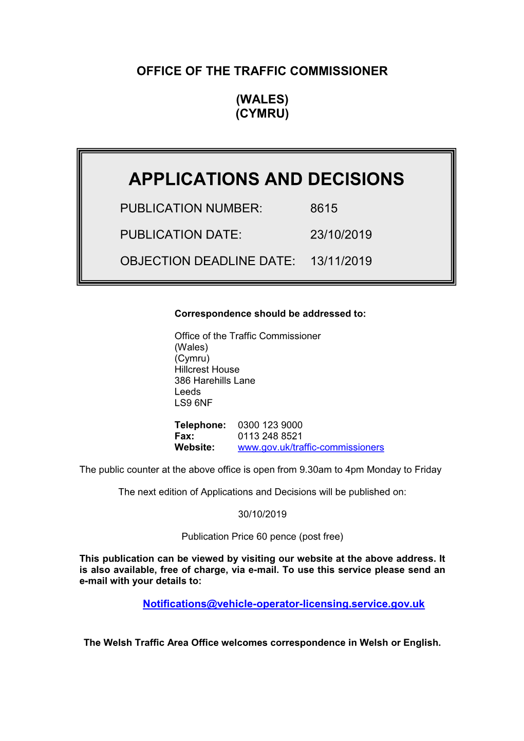 Applications and Decisions for Wales