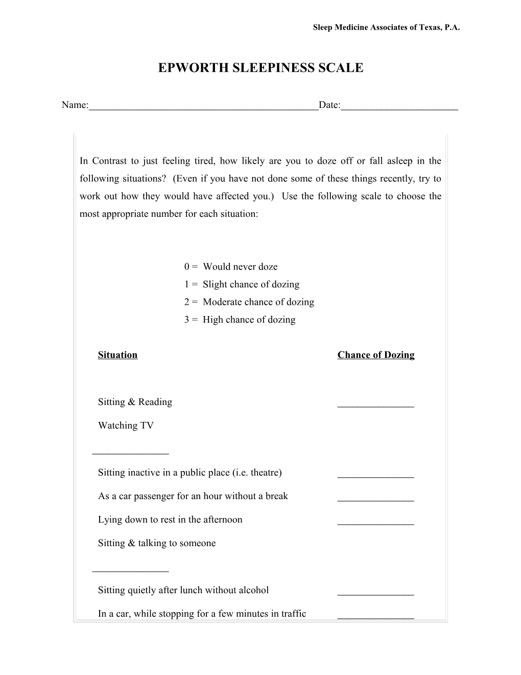 Epworth Sleepiness Scale