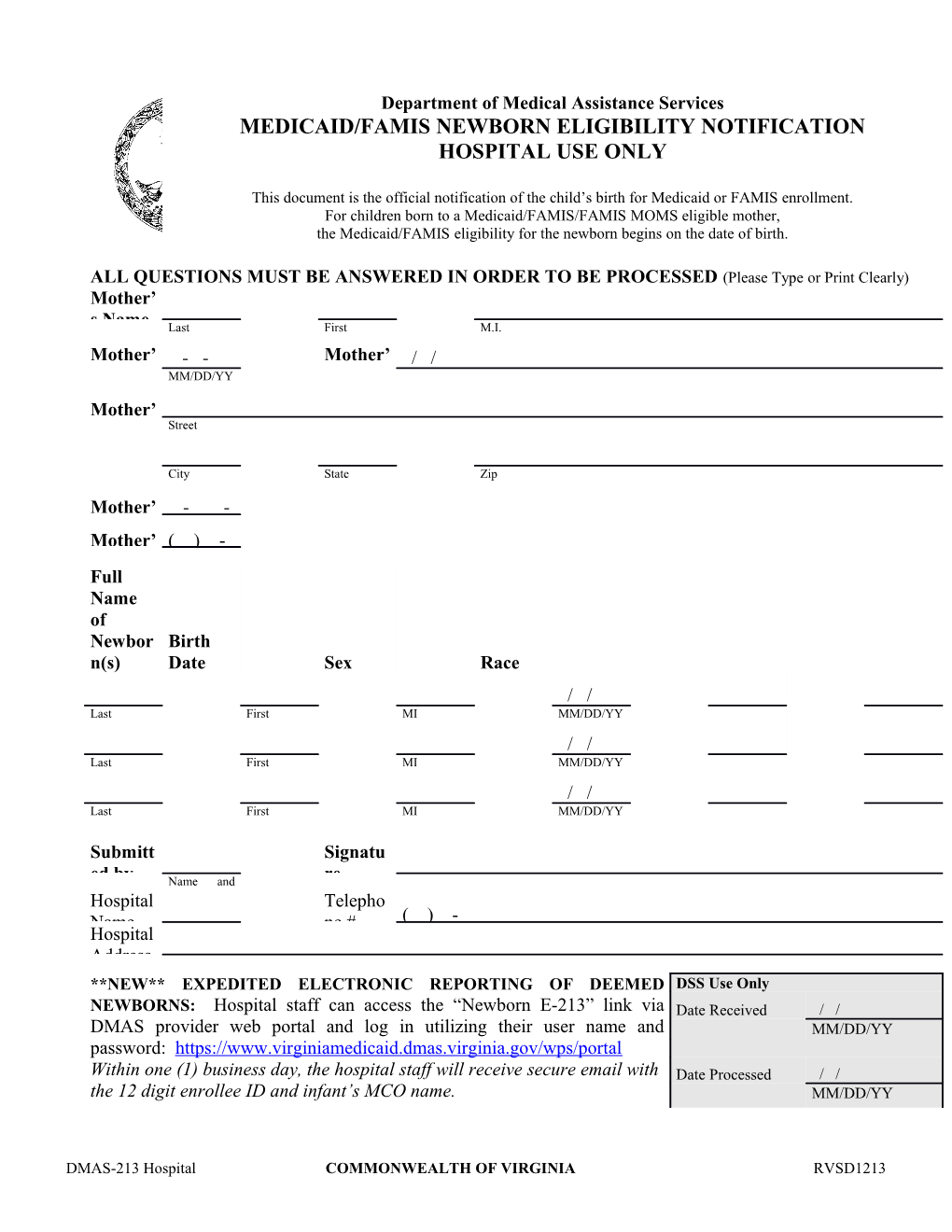 DMAS-213 Hospital COMMONWEALTH of VIRGINIA RVSD1213