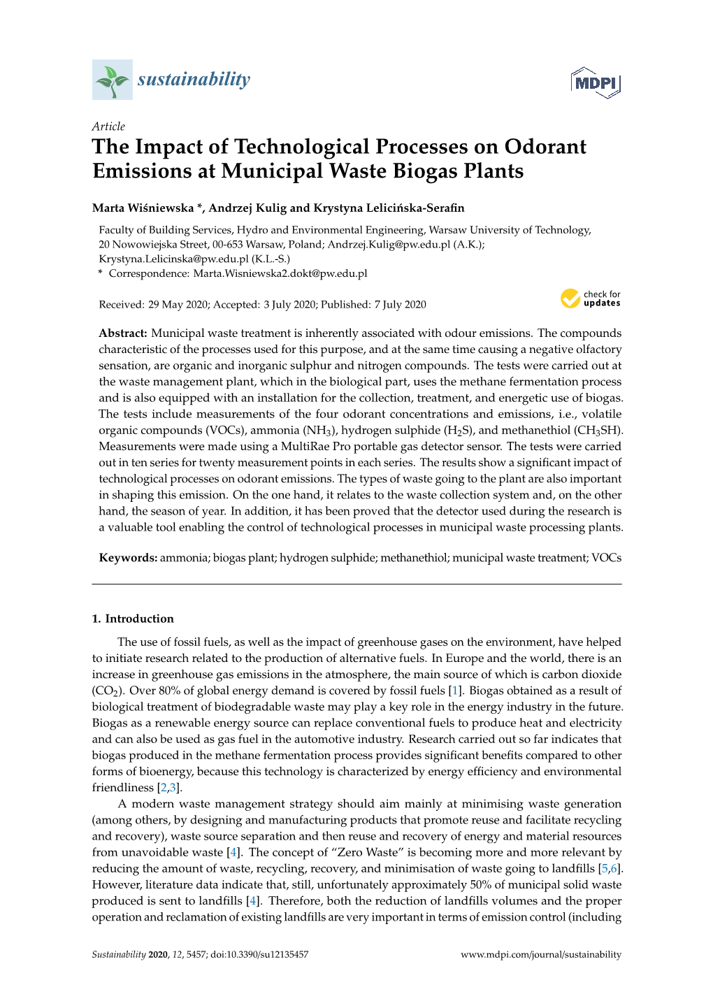 The Impact of Technological Processes on Odorant Emissions at Municipal Waste Biogas Plants