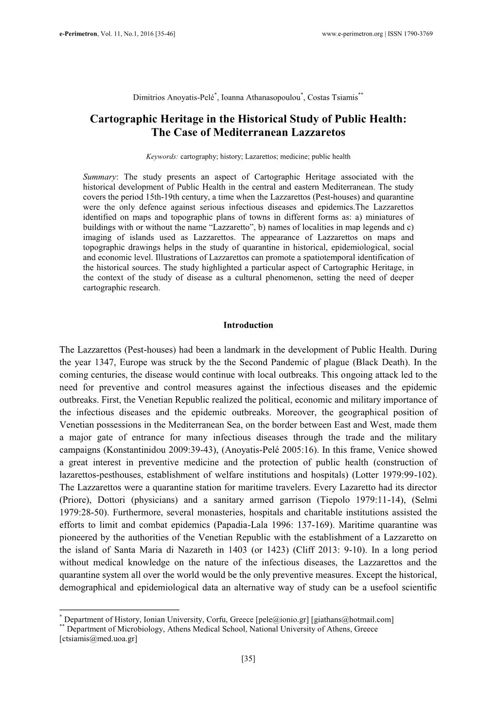 Cartographic Heritage in the Historical Study of Public Health: the Case of Mediterranean Lazzaretos