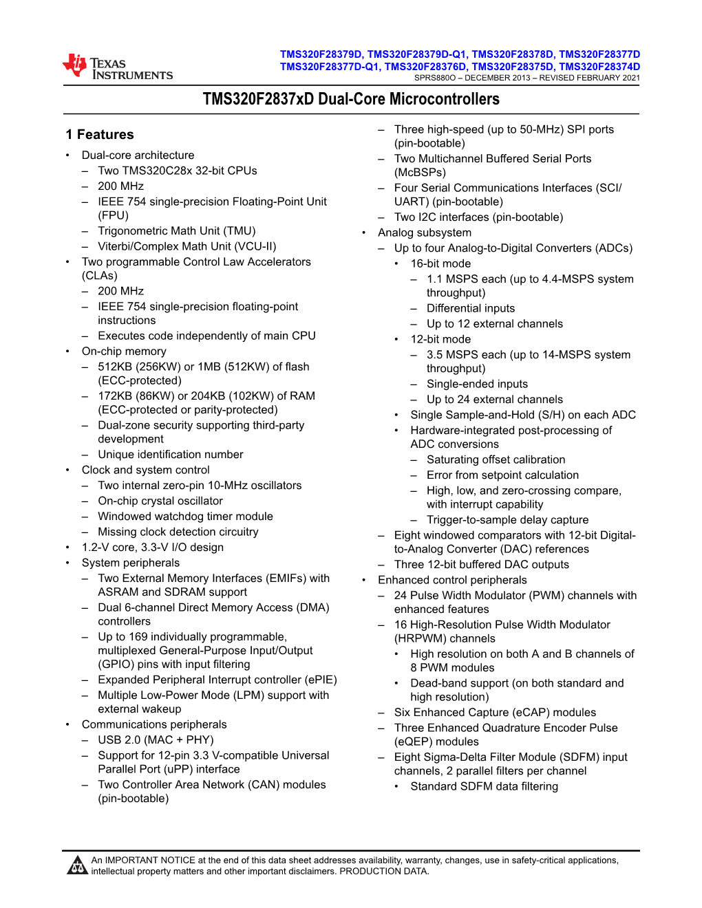 Tms320f2837xd Dual-Core Microcontrollers Datasheet (Rev. O)