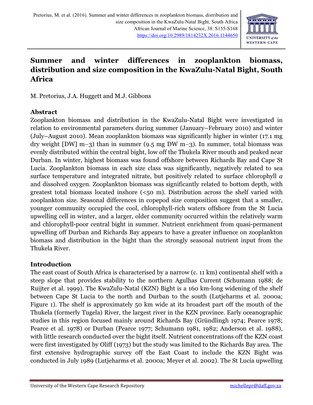 Summer and Winter Differences in Zooplankton Biomass