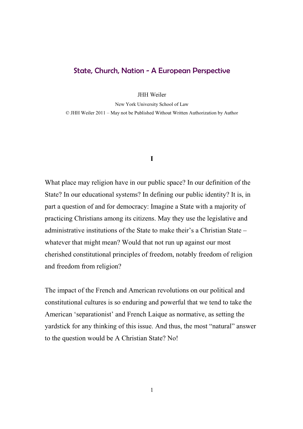 State, Church, Nation - a European Perspective