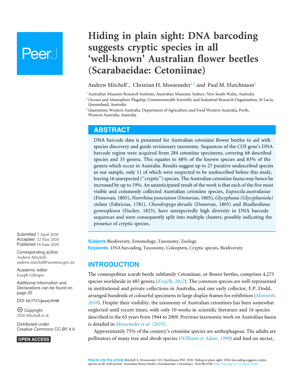 DNA Barcoding Suggests Cryptic Species in All ‘Well-Known’ Australian Flower Beetles (Scarabaeidae: Cetoniinae)