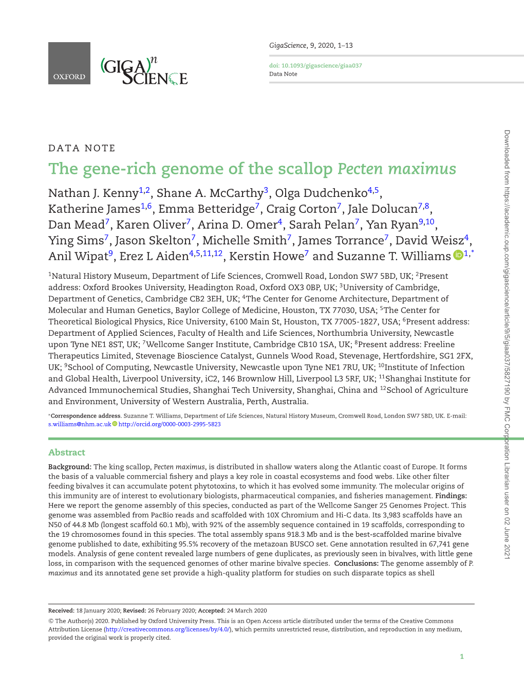 The Gene-Rich Genome of the Scallop Pecten Maximus Nathan J