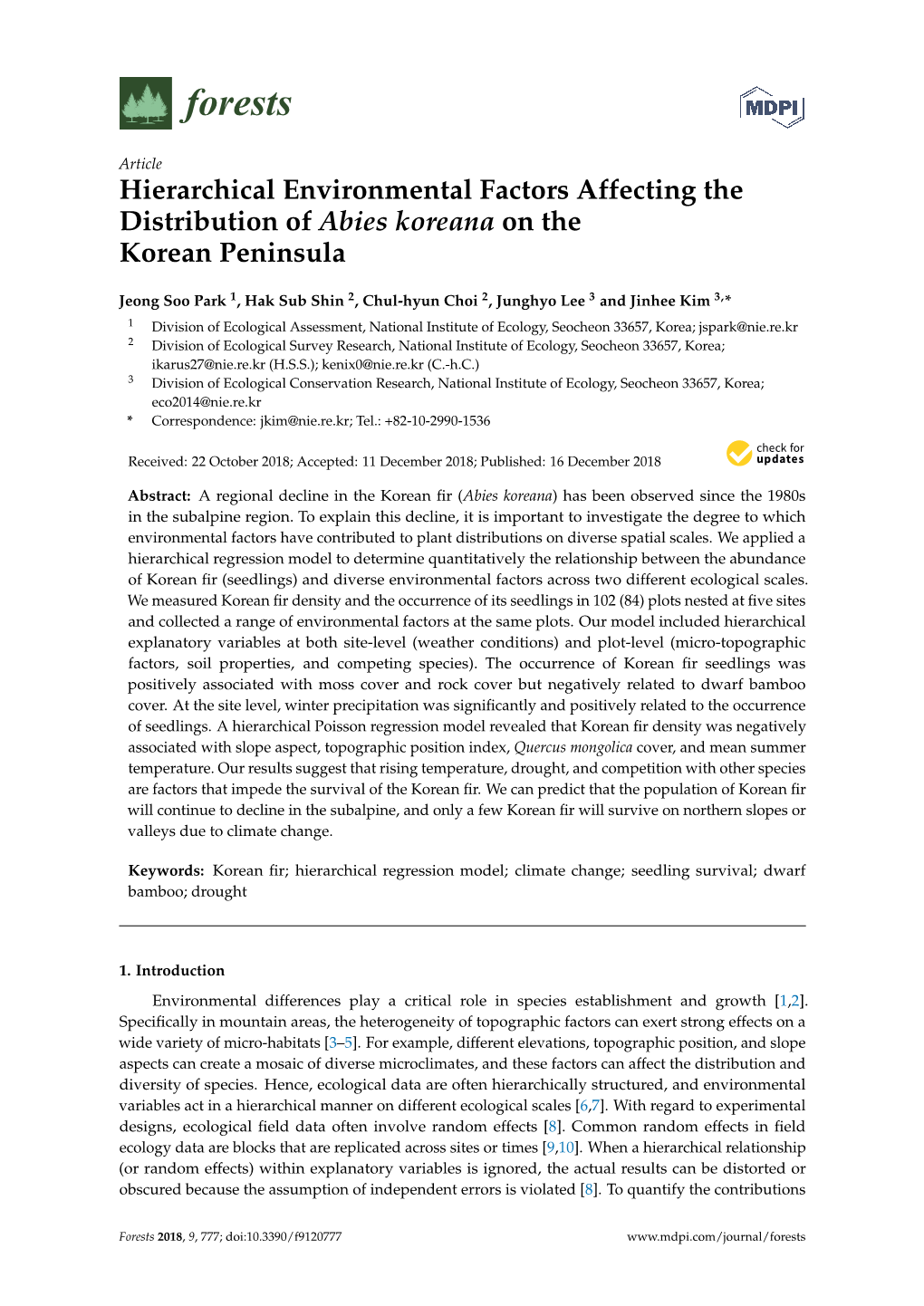 Hierarchical Environmental Factors Affecting the Distribution of Abies Koreana on the Korean Peninsula