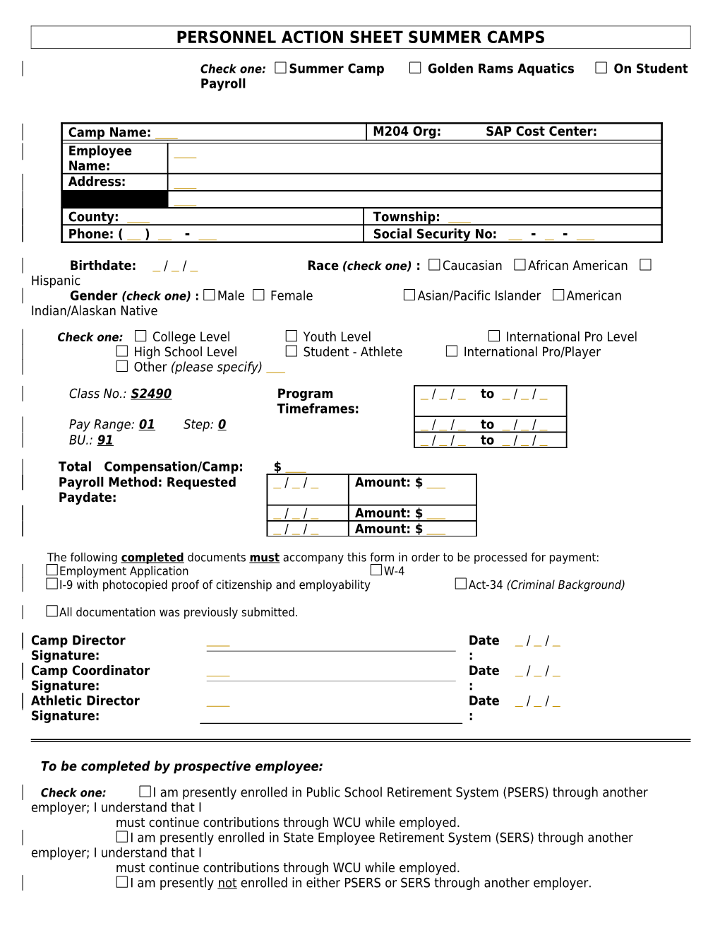 Personnel Action Sheet for Summer Camp Empl