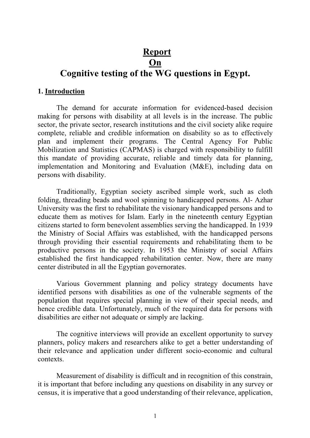 Report on Cognitive Testing of the WG Questions in Egypt