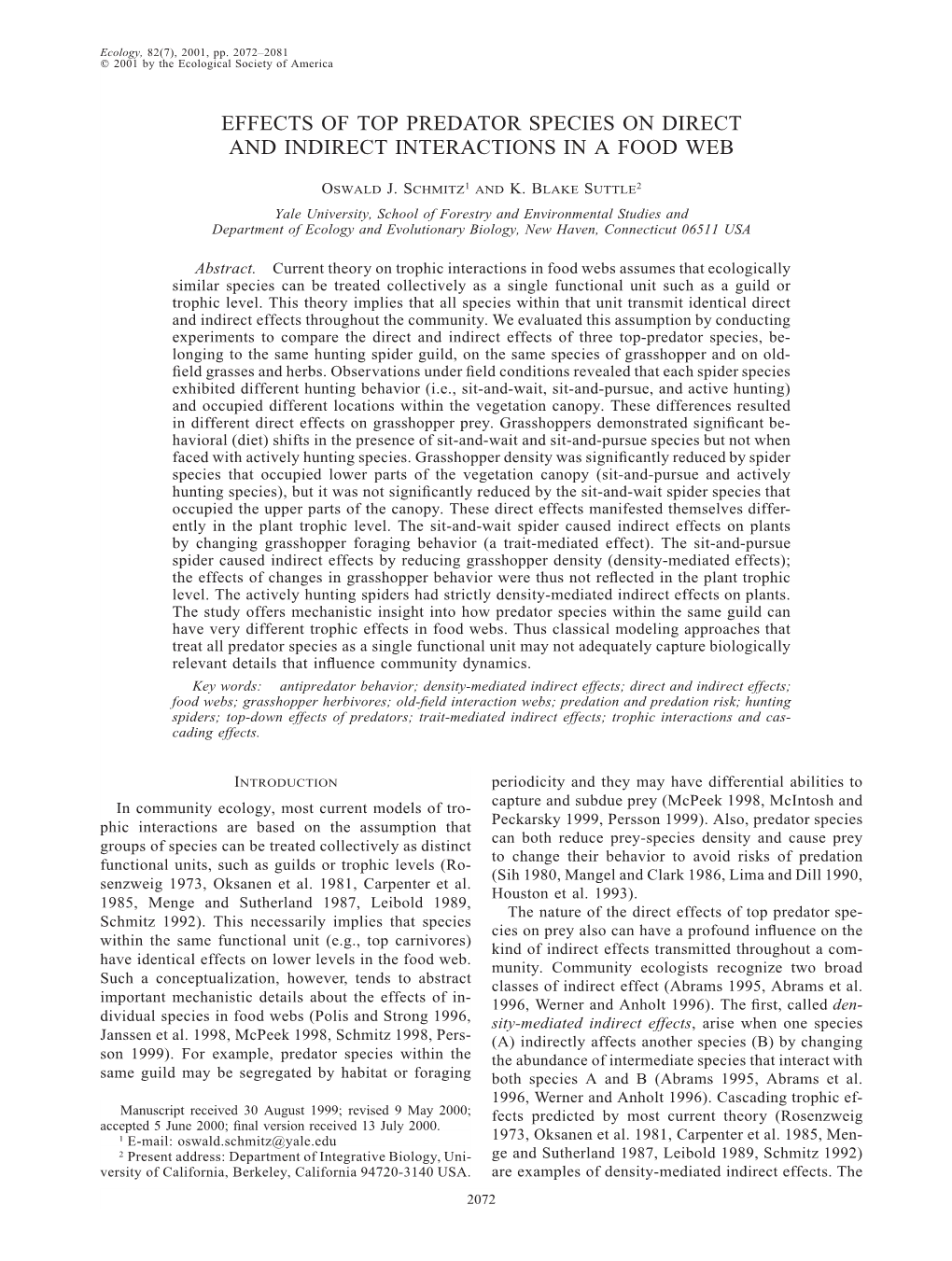 Effects of Top Predator Species on Direct and Indirect Interactions in a Food Web