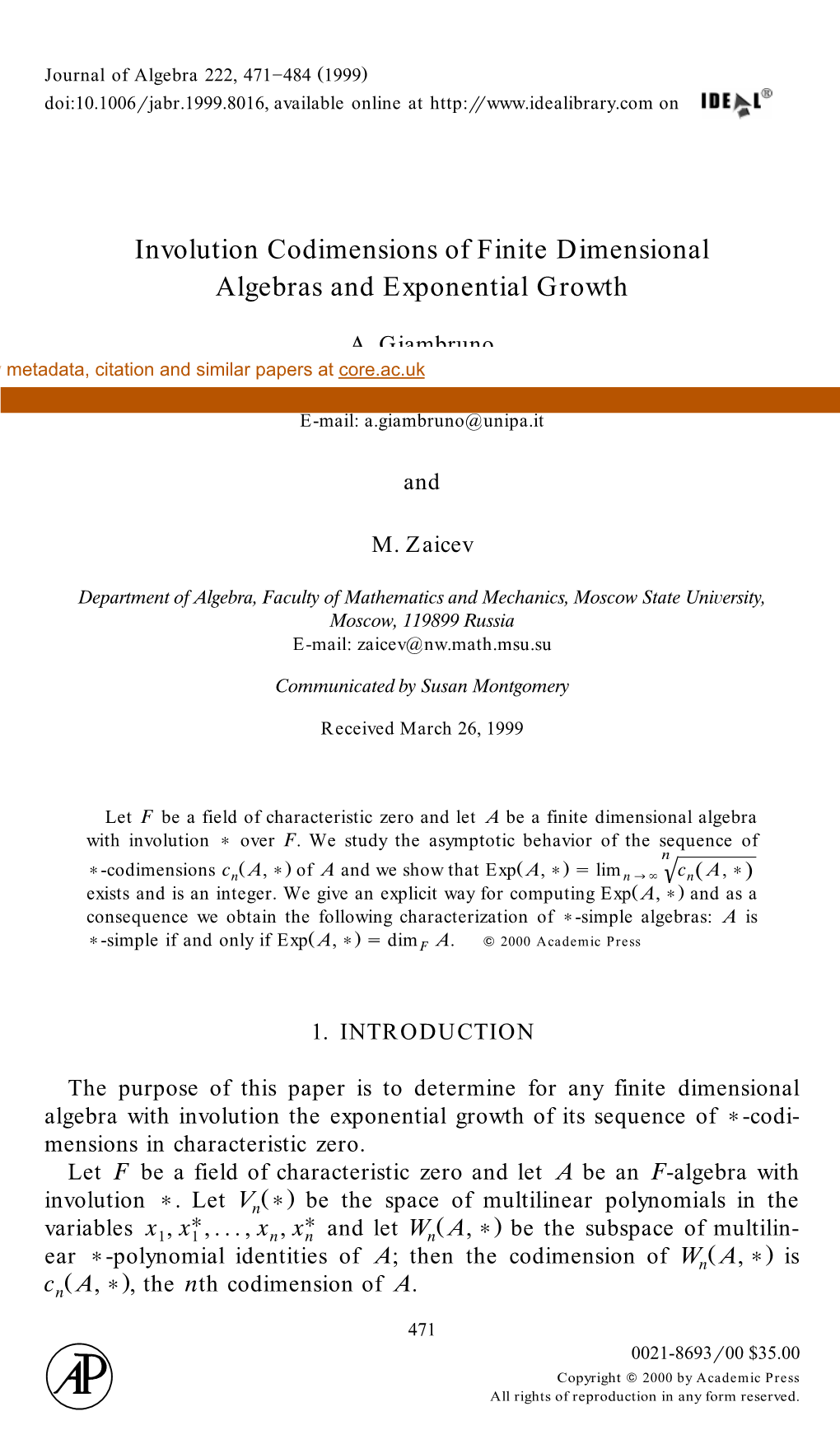 Involution Codimensions of Finite Dimensional Algebras and Exponential Growth