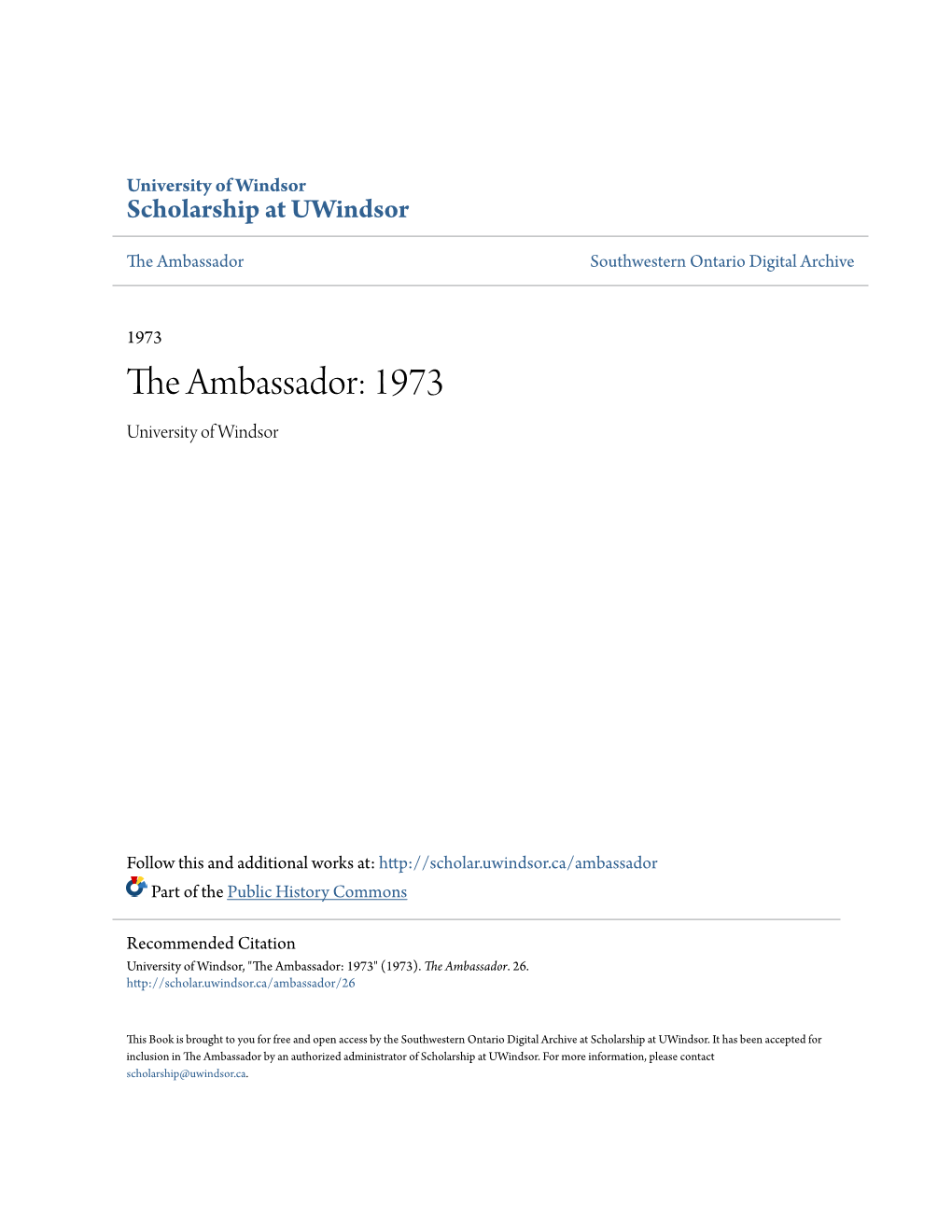 The Ambassador: 1973 University of Windsor