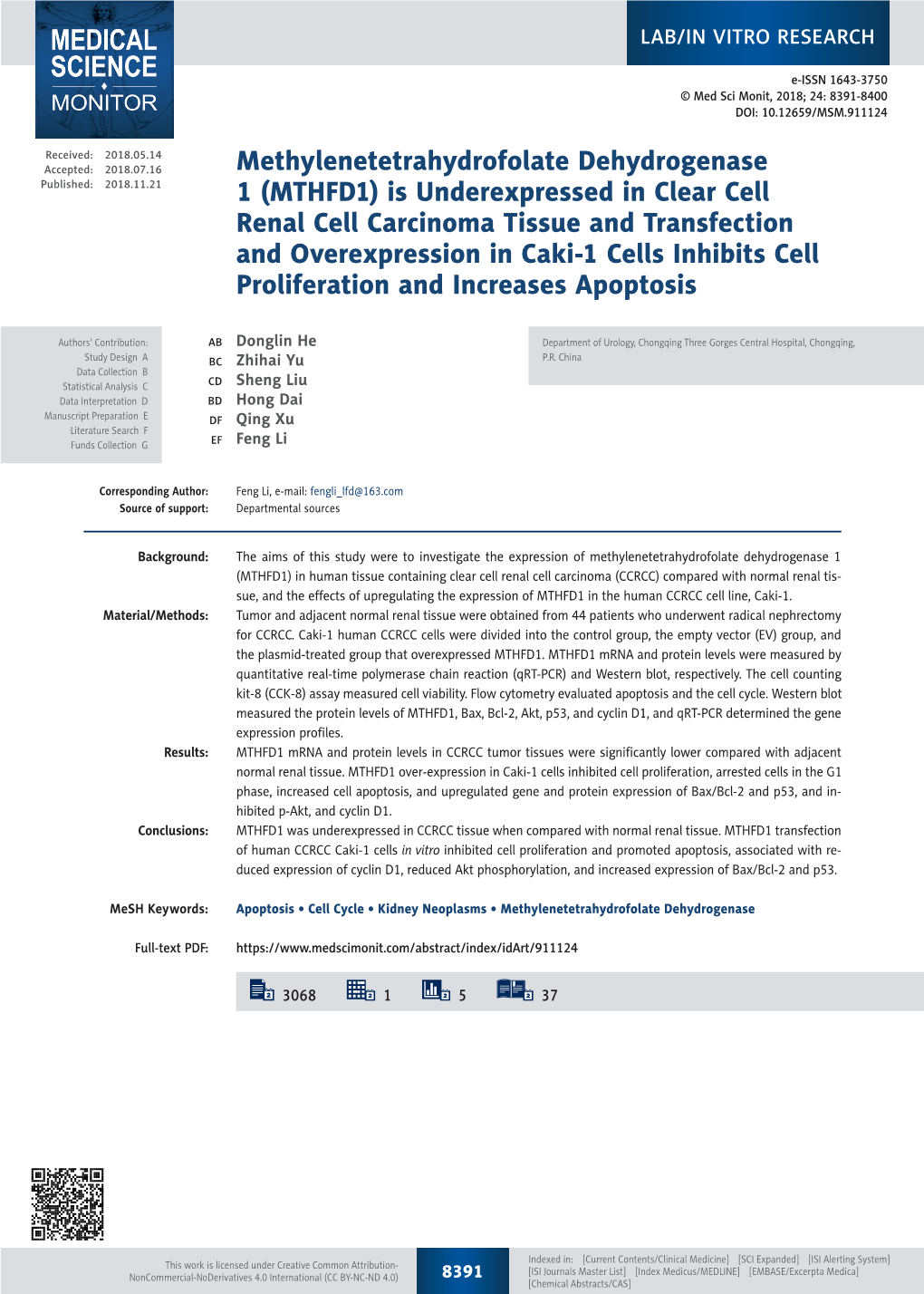 Methylenetetrahydrofolate Dehydrogenase 1 (MTHFD1) Is a the Human CCRCC Cell Line, Caki-1, in Vitro, and the Possible Hinge Enzyme in the Folic Acid Metabolic Pathway