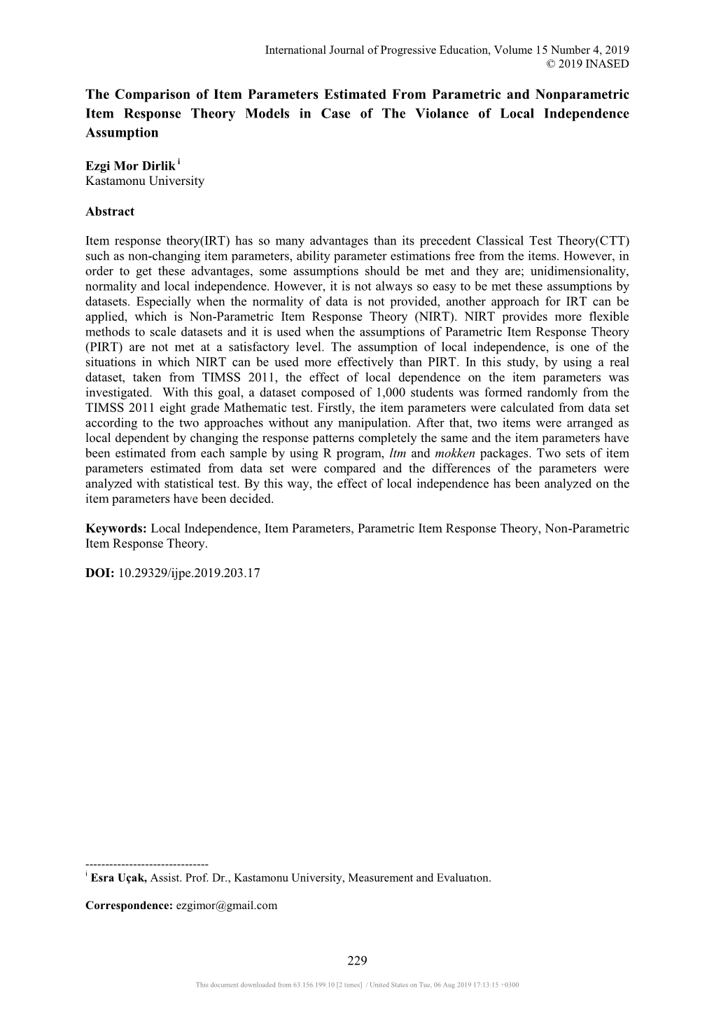 The Comparison of Item Parameters Estimated from Parametric and Nonparametric Item Response Theory Models in Case of the Violance of Local Independence Assumption