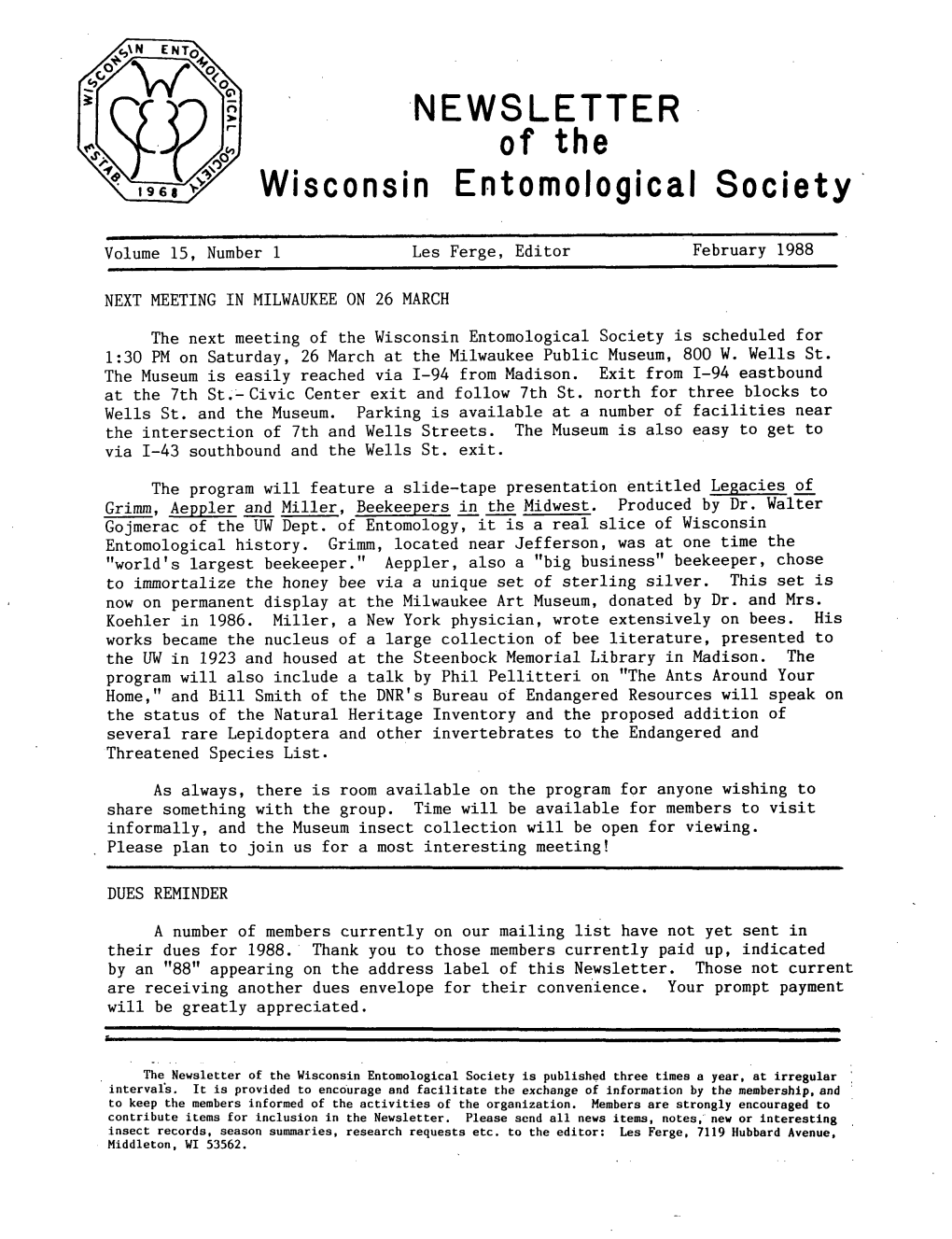 NEWSLETTER Wisconsin Entomological Society