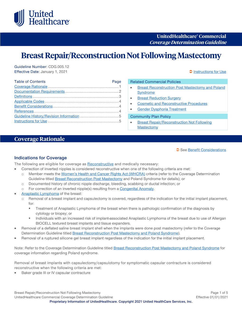 Breast Repair/Reconstruction Not Following Mastectomy – Commercial Coverage Determination Guideline