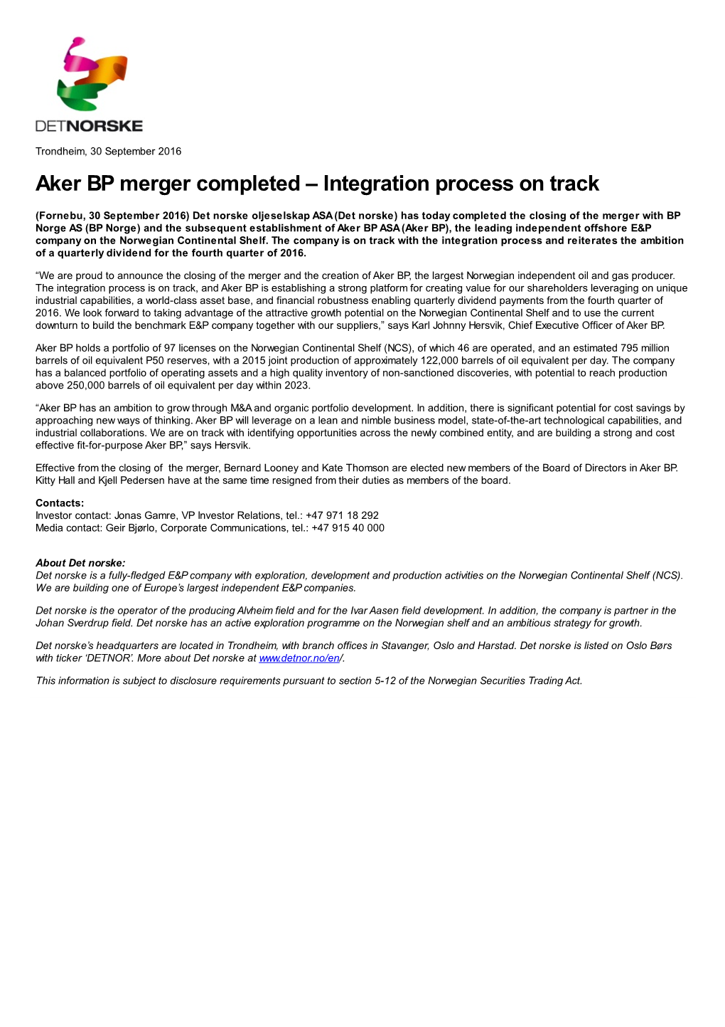 Aker BP Merger Completed – Integration Process on Track