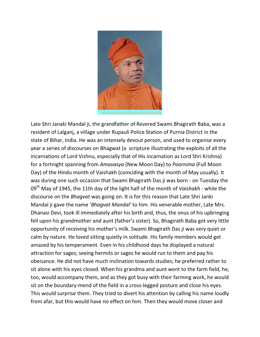Late Shri Janaki Mandal Ji, the Grandfather of Revered Swami