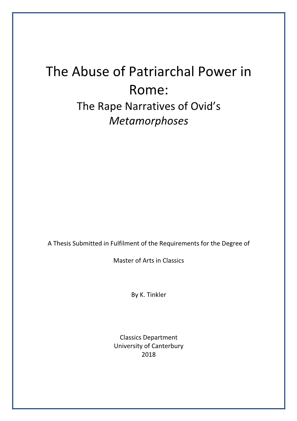 The Abuse of Patriarchal Power in Rome: the Rape Narratives of Ovid’S Metamorphoses